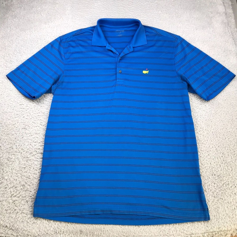 Masters Tech Polo Shirt Mens L Blue Striped Embroidery Logo Peformance *FLAWS*